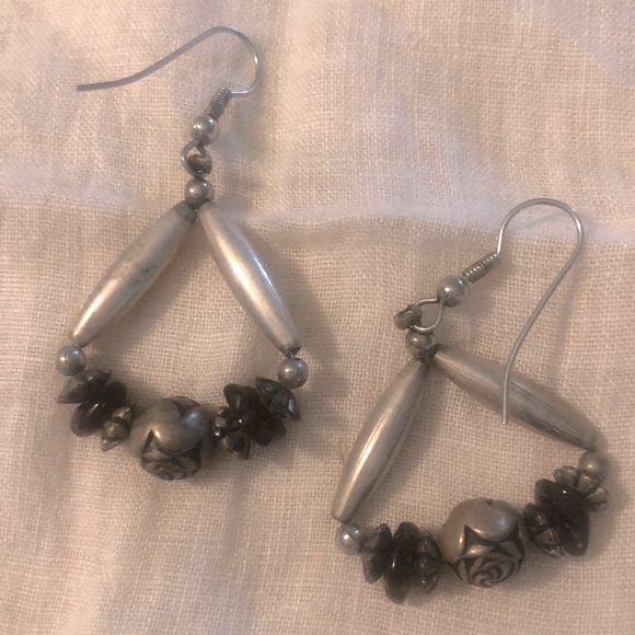 Vintage 2” Silver & Garnet Dangle Earrings Bench Tube & Roses Beads Pierced